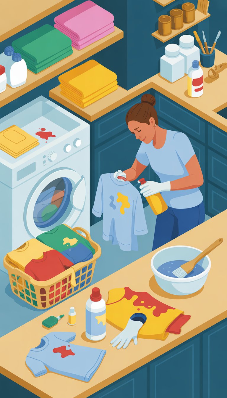 A person treating paint stains on clothes in a laundry room with cleaning supplies and a washing machine nearby.