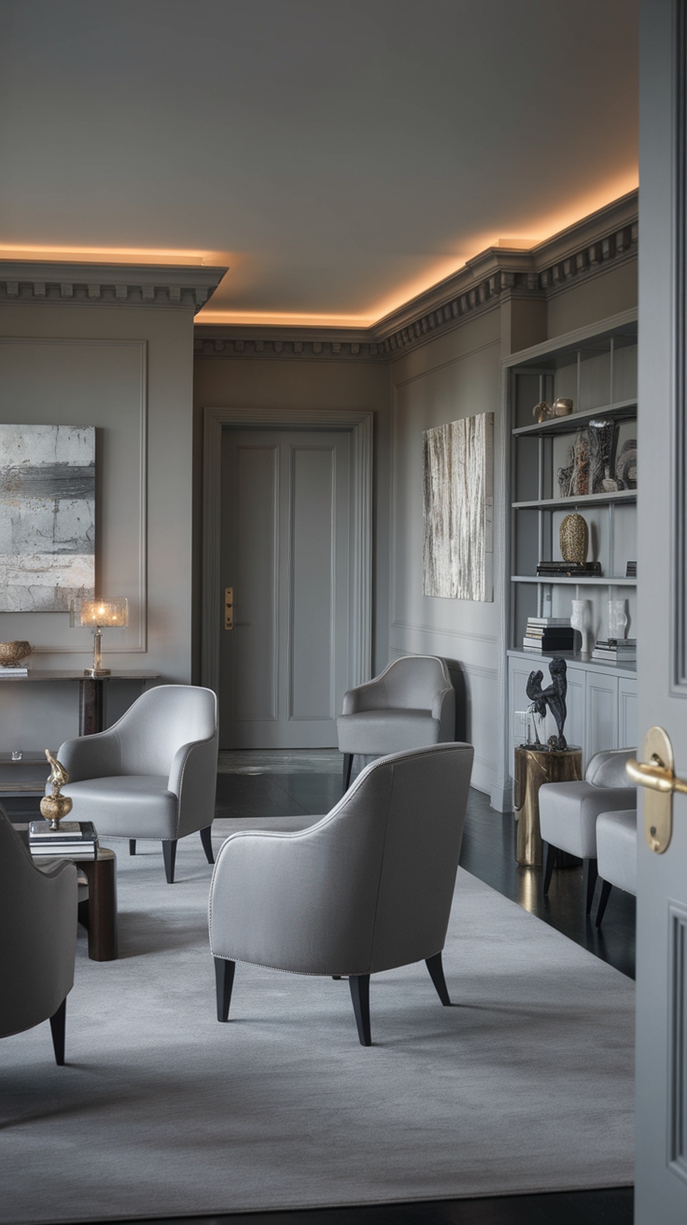 A stylish room featuring Dorian Gray paint on the walls, with elegant furniture and decor.