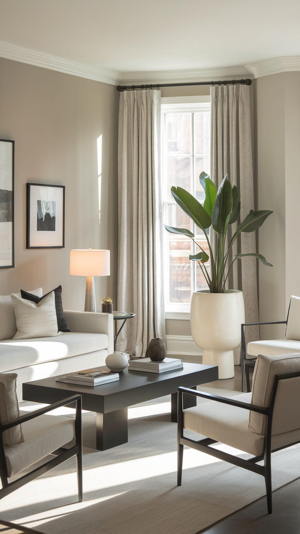 A modern living room with gray walls, stylish furniture, and decorative elements.