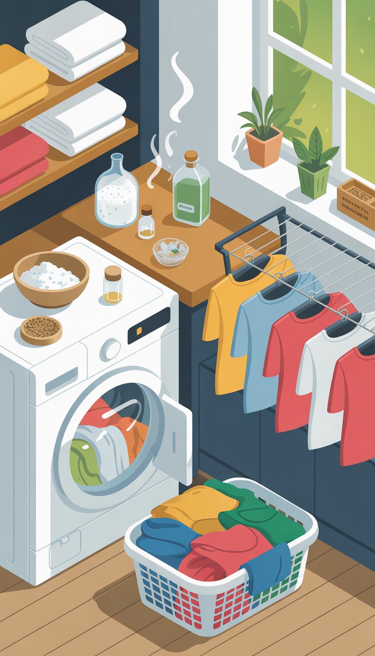 A laundry room with a washing machine, laundry basket, drying rack with clothes, and natural odor-removing items like baking soda and vinegar on a countertop.