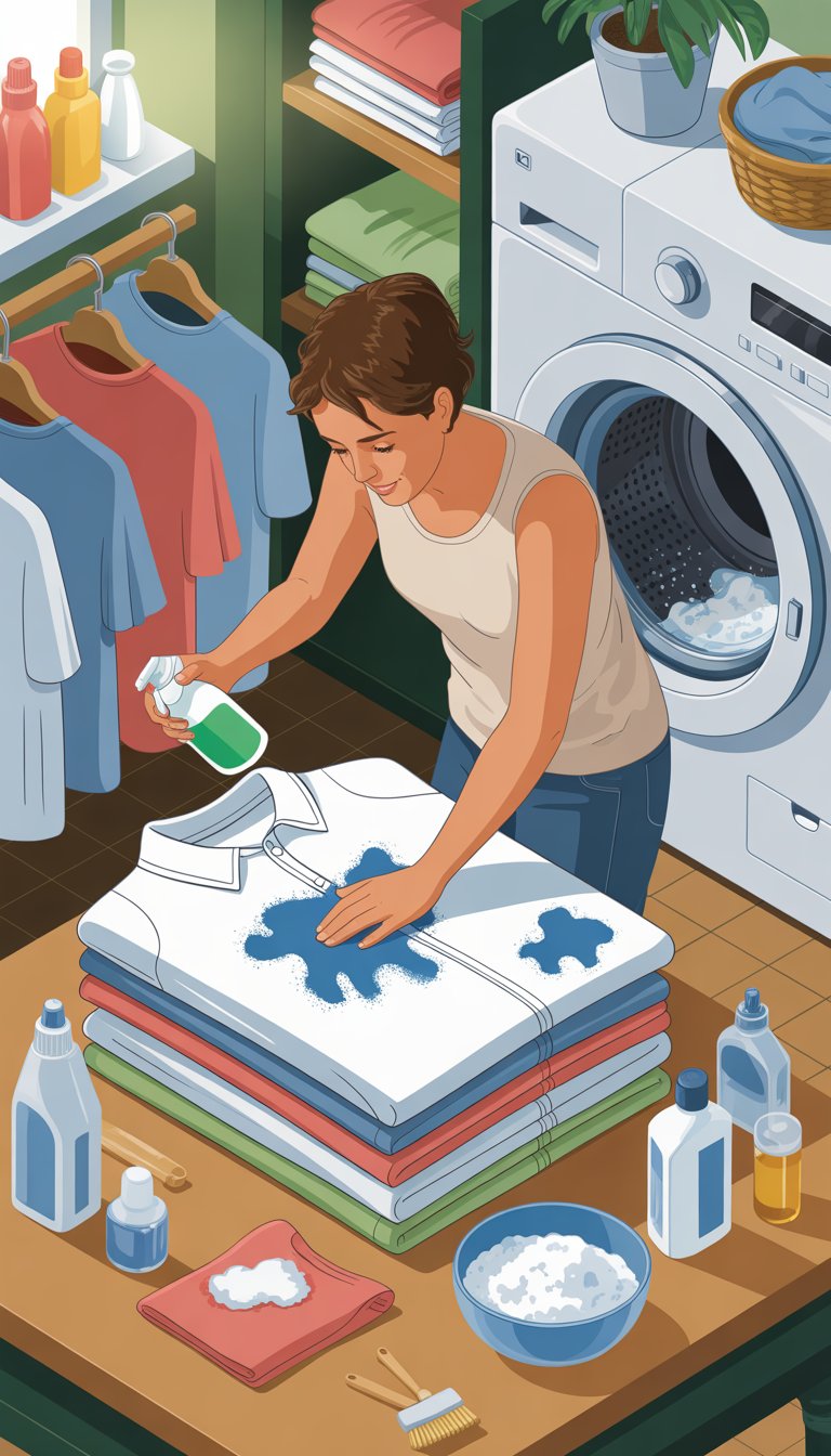 A person treating sweat stains on clothes in a bright laundry room with cleaning supplies and a washing machine nearby.