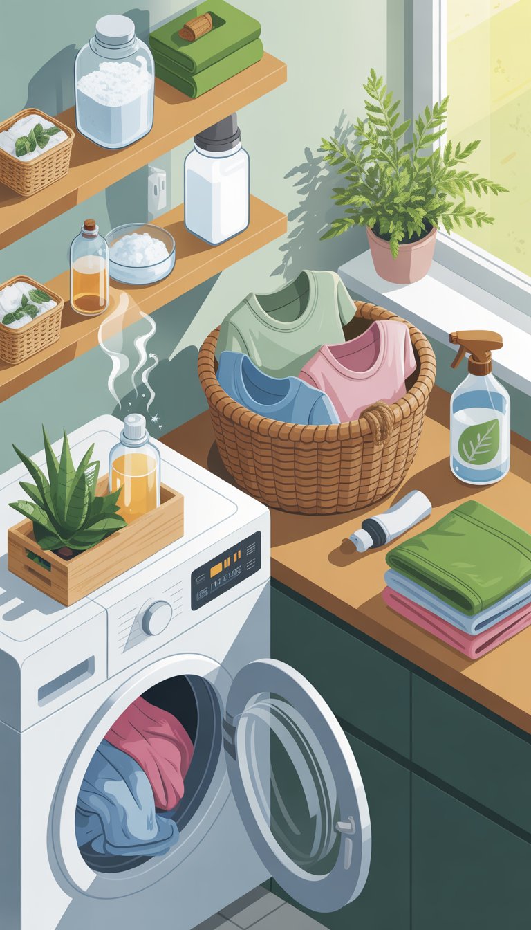 A clean laundry room with a washing machine, jars of natural cleaning ingredients, a basket of fresh clothes, and a potted plant on a windowsill.