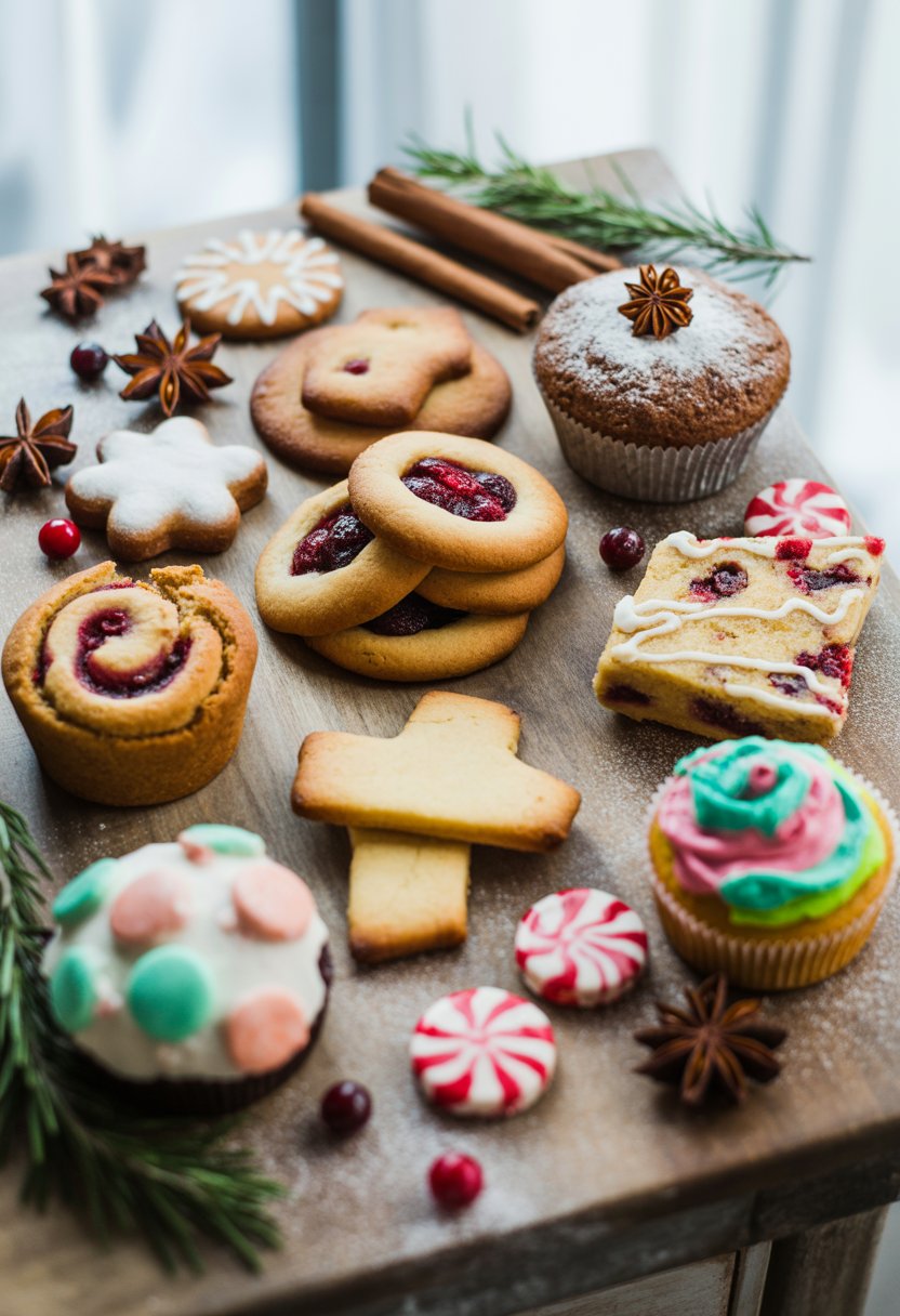 Eight different Christmas baked goods arranged on a wooden or marble surface with fresh ingredients and holiday decorations around them.