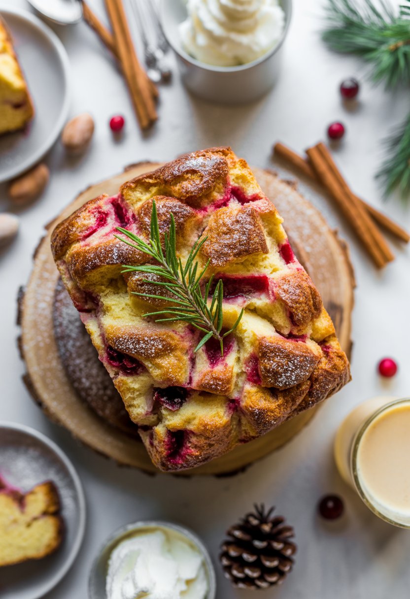 A plate of golden eggnog bread pudding garnished with powdered sugar and rosemary on a rustic surface, surrounded by cinnamon sticks, cranberries, and a glass of eggnog.
