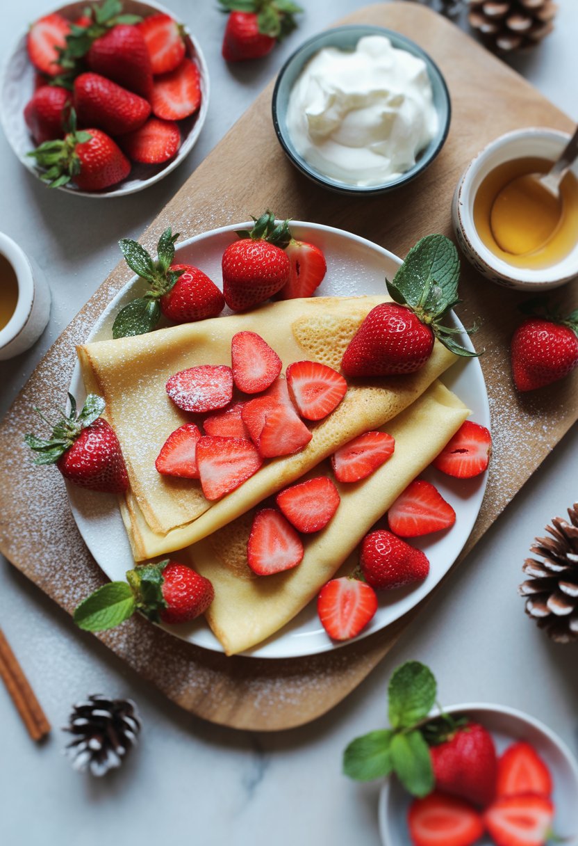 Plate of strawberry crepes with fresh strawberries, powdered sugar, and whipped cream on a rustic wood surface with holiday decorations in the background.