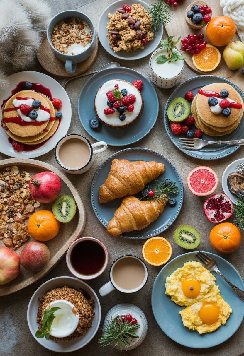 A festive Christmas breakfast spread with pancakes, croissants, fruit platters, granola bowls, cinnamon rolls, scrambled eggs, and hot drinks arranged on a rustic wood table.