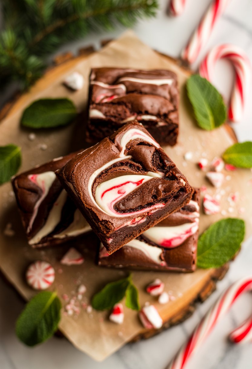 Close-up of fudgy peppermint swirl brownies on a rustic surface with fresh peppermint leaves and crushed candy canes, softly blurred background.