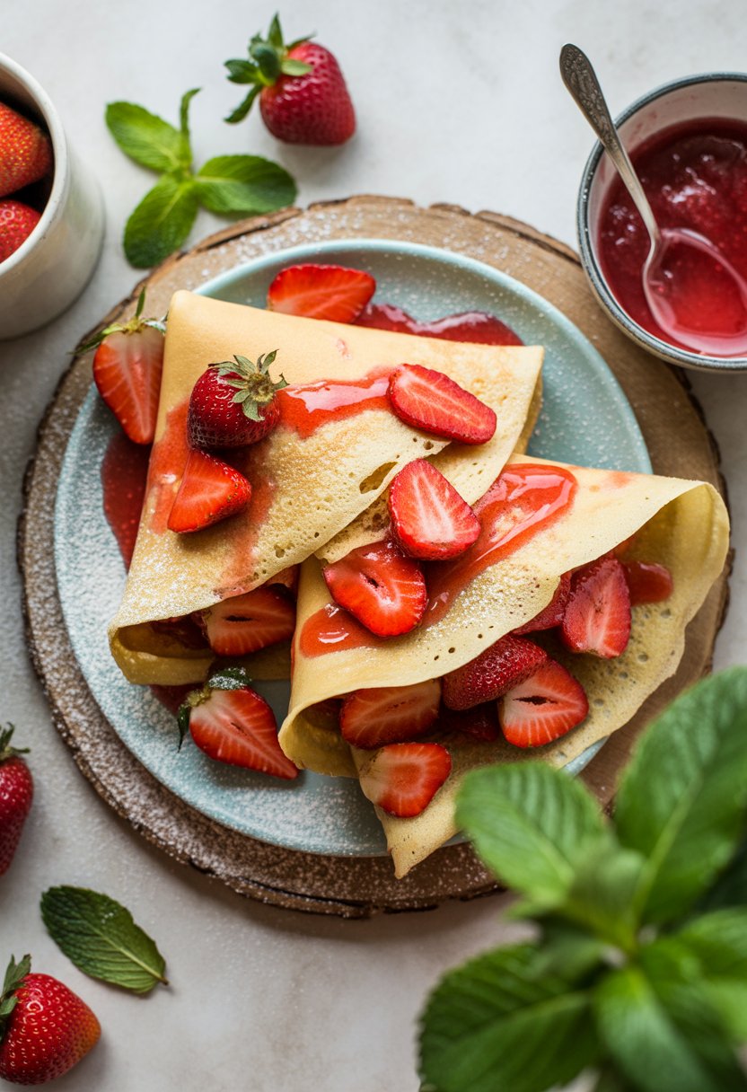 Plate of strawberry crepes topped with fresh strawberries and sauce on a rustic surface, surrounded by fresh strawberries and mint leaves.