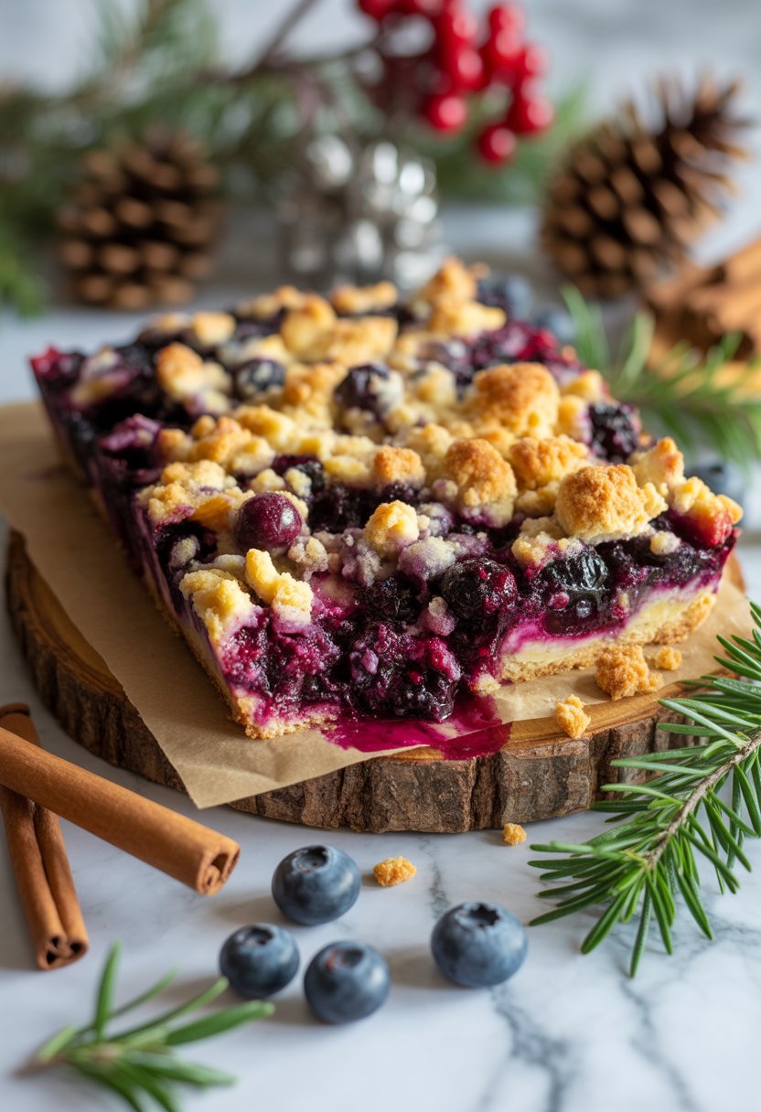 A blueberry breakfast bake with a crunchy topping on a rustic wooden surface surrounded by fresh blueberries and holiday decorations.