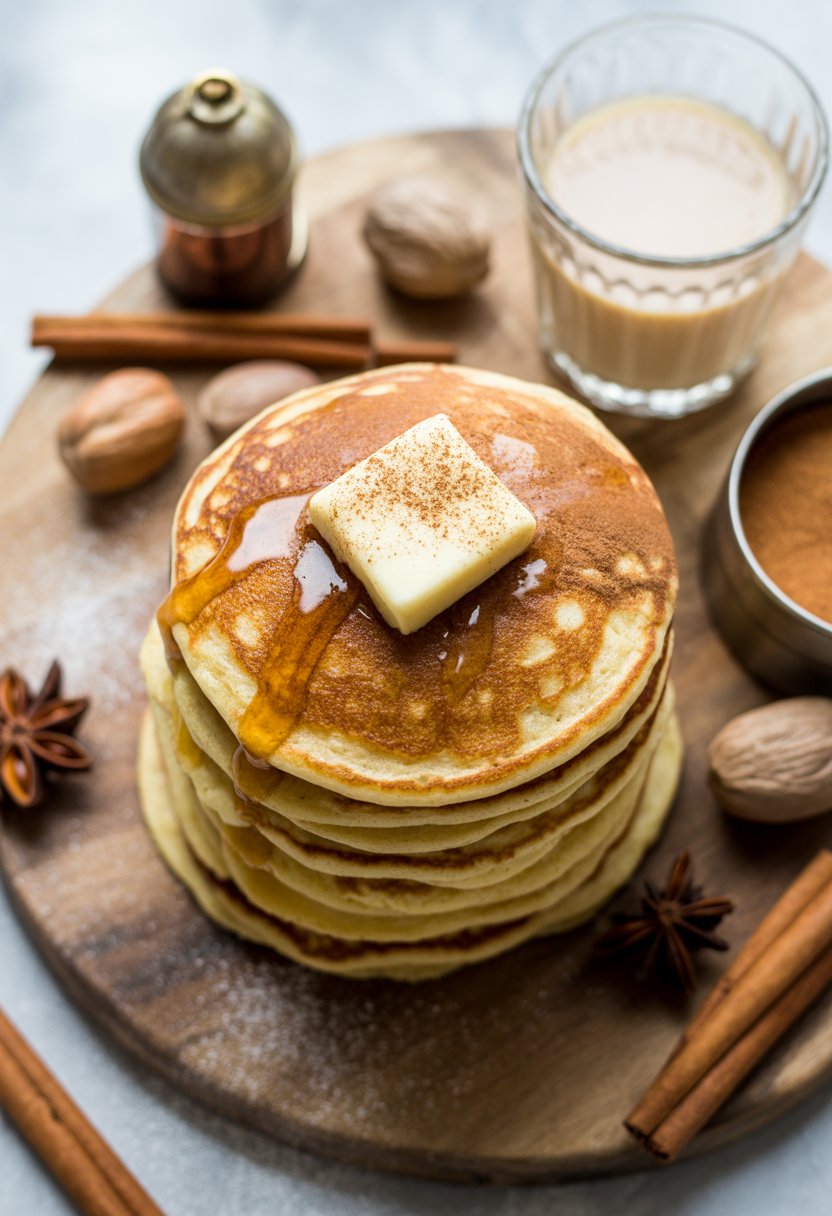 A stack of spiced eggnog pancakes with butter and cinnamon, surrounded by spices and a glass of eggnog on a wooden or marble surface.