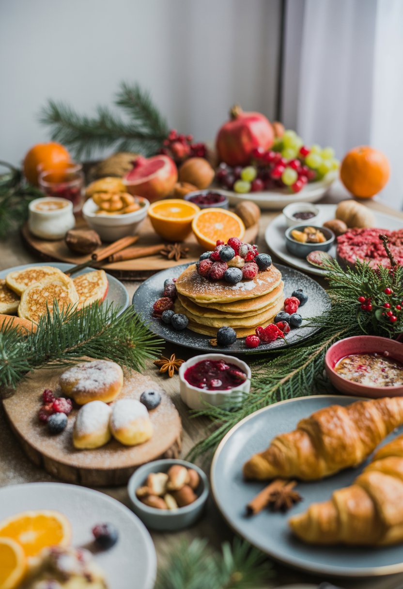 A festive Christmas brunch spread with pancakes, croissants, fresh fruit, nuts, and holiday decorations on a rustic surface.