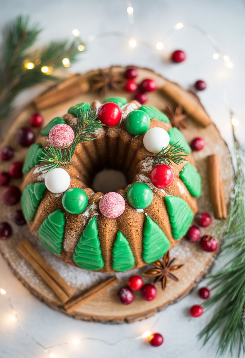 A Christmas Tree Bundt Cake decorated with festive icing and candy ornaments on a wooden surface, surrounded by cranberries, cinnamon sticks, and pine sprigs.