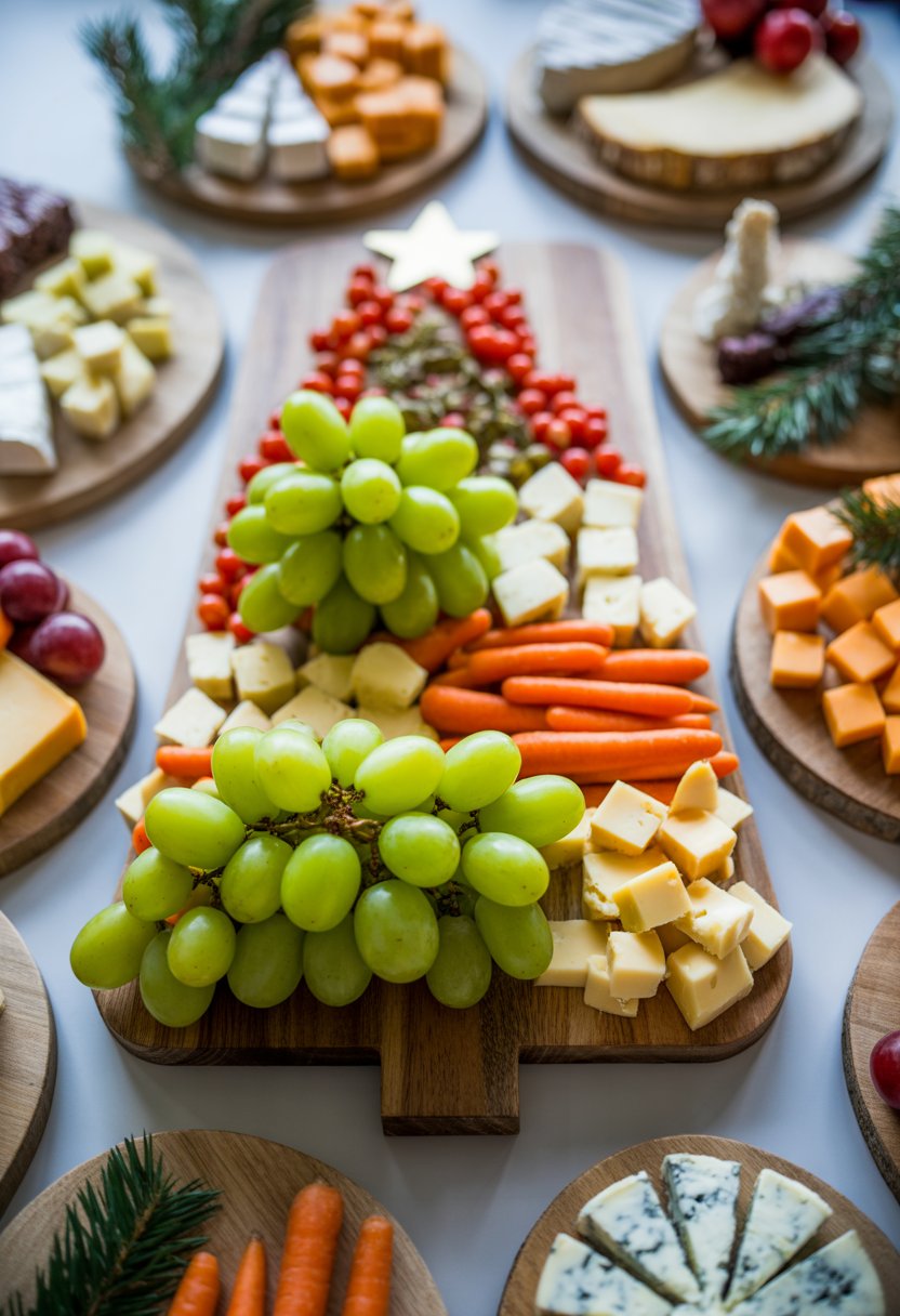 A colorful Christmas Tree charcuterie board with green grapes, baby carrots, and cheese cubes arranged on a rustic wooden surface, surrounded by nine other Christmas-themed charcuterie boards.