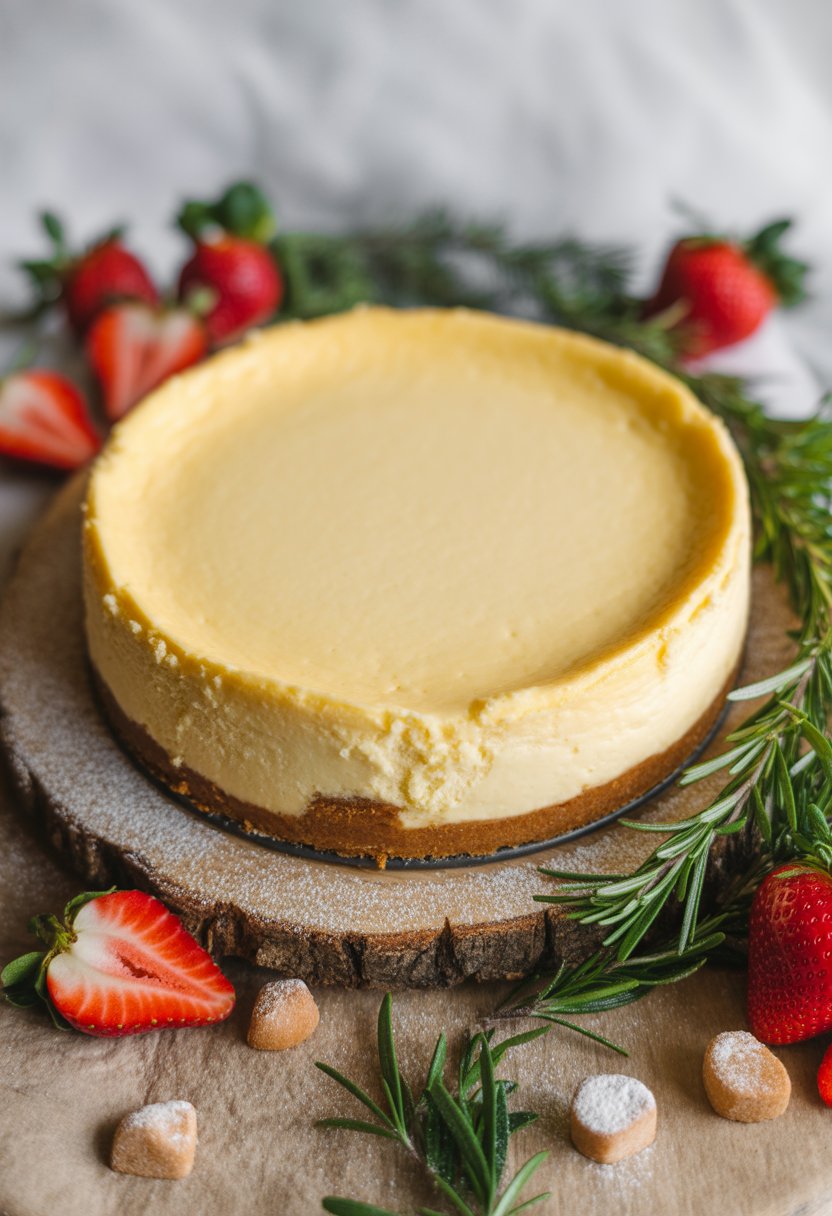 A classic New York style cheesecake on a rustic wood surface, surrounded by fresh strawberries and rosemary, with a soft blurred background.