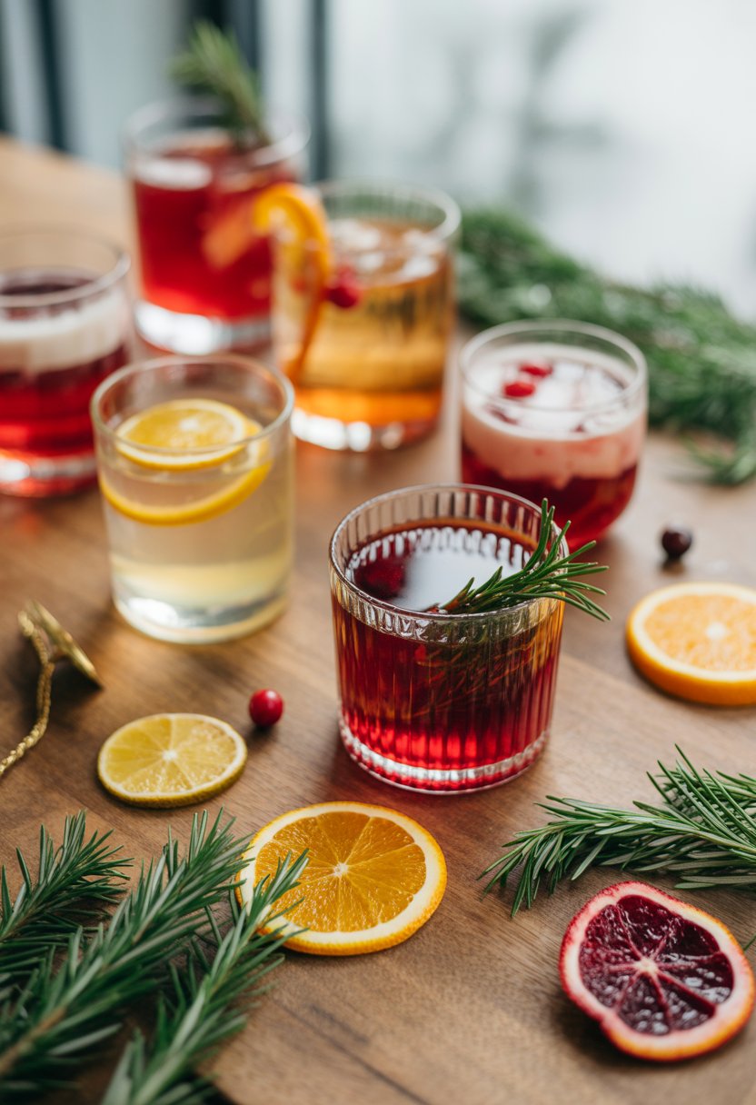A Christmas Tree Negroni cocktail surrounded by six other Christmas cocktails on a rustic wooden surface with fresh garnishes and festive ingredients.