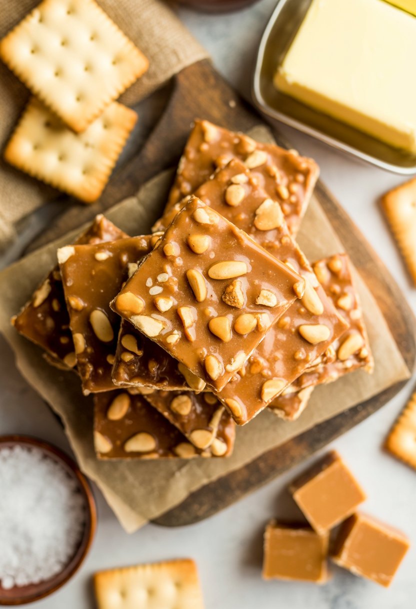Close-up of golden caramel toffee pieces with crushed saltine crackers on a rustic wooden or marble surface, surrounded by ingredients like crackers, butter, and sea salt.