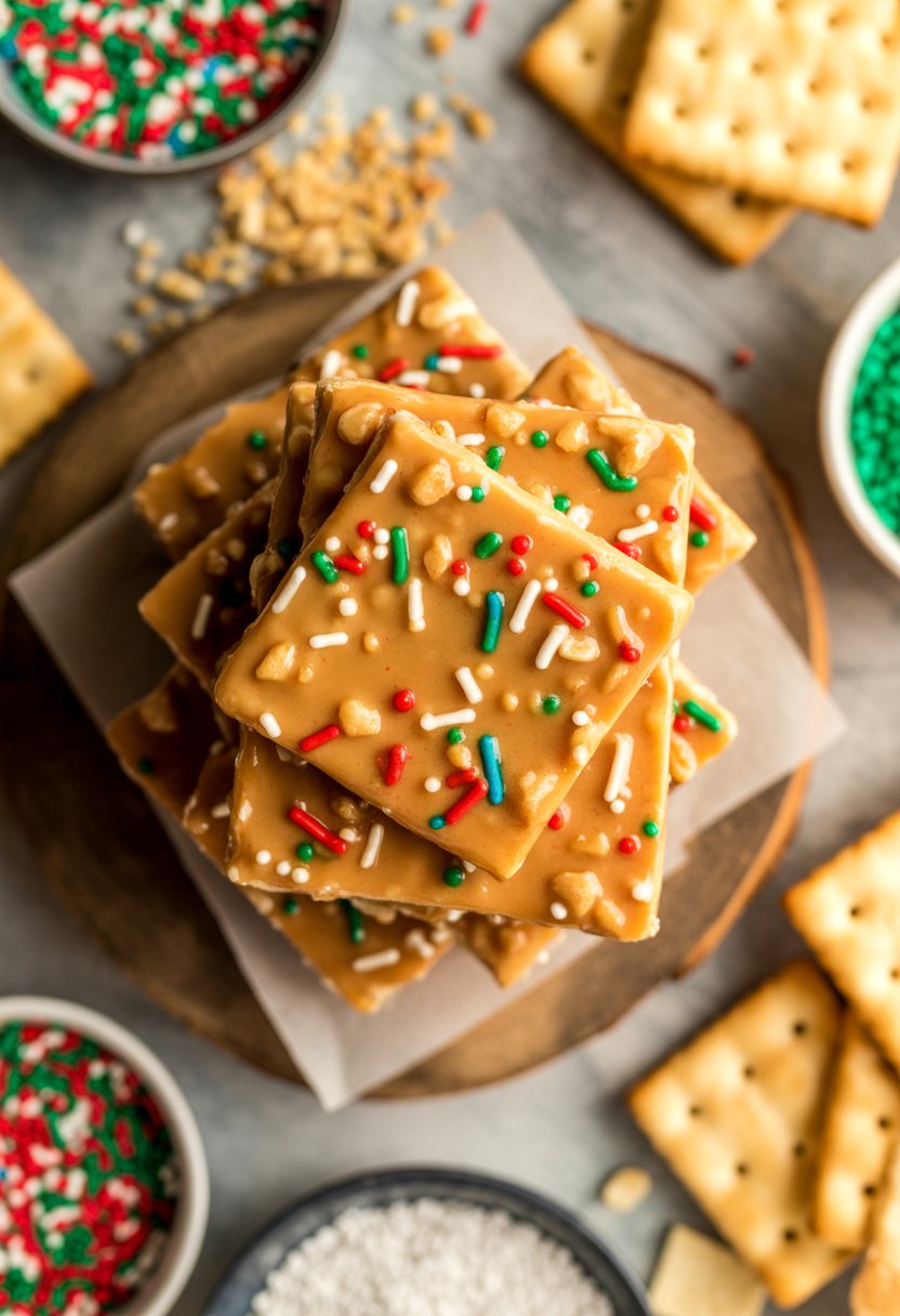 Close-up of crunchy saltine toffee with colorful sprinkles on a rustic wooden or marble surface, surrounded by fresh ingredients.