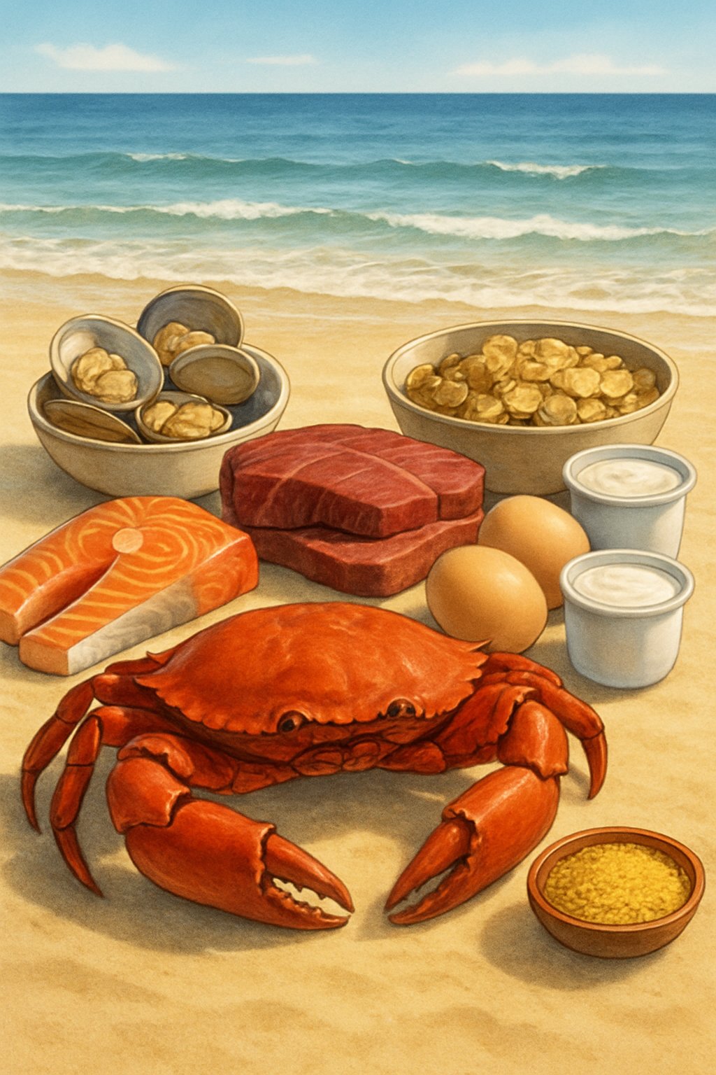 A red crab on a sandy beach surrounded by various Vitamin B12 rich foods including clams, salmon, beef, eggs, yogurt, fortified cereals, and nutritional yeast.
