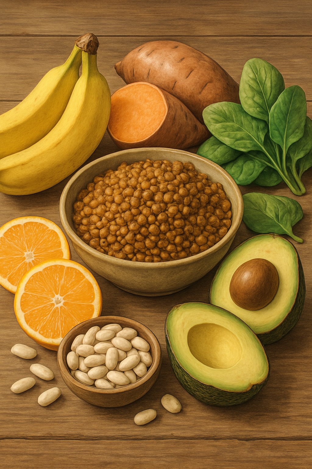 A bowl of cooked lentils surrounded by bananas, sweet potatoes, spinach, avocados, white beans, and orange slices on a wooden table.