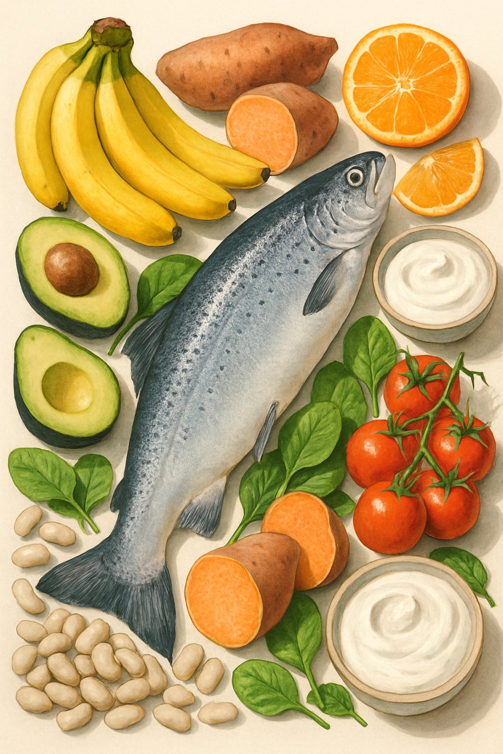 A fresh whole salmon surrounded by various potassium-rich foods including bananas, avocados, sweet potatoes, spinach, white beans, yogurt, oranges, and tomatoes.