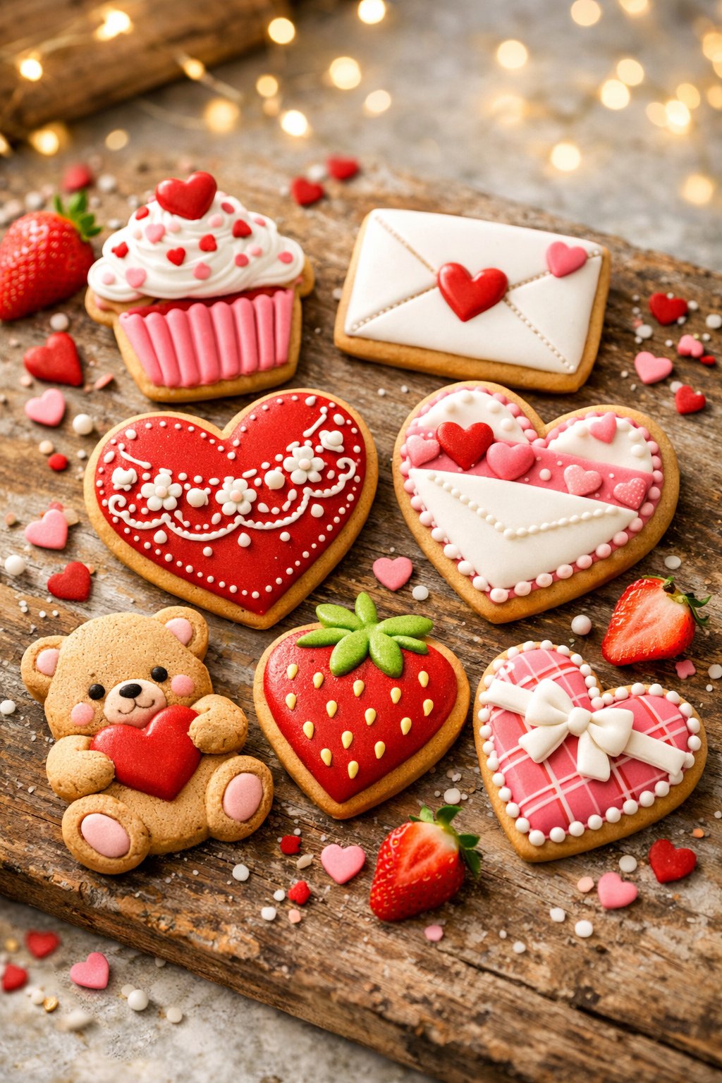 Six Valentine's Day cookies decorated with hearts and colorful icing on a wooden or marble surface.