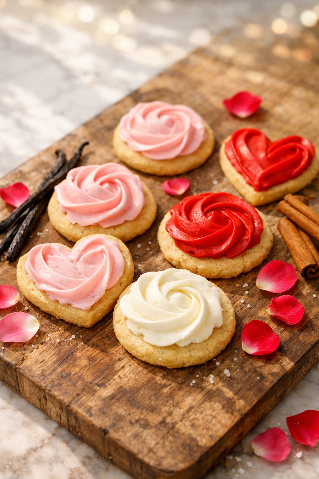 A close-up overhead view of six butter cookies with creamy frosting arranged on a rustic wooden surface with fresh ingredients around them.