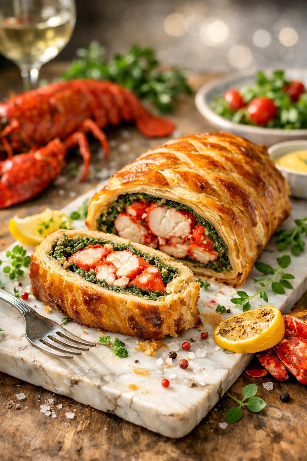 A plated Lobster Wellington with golden pastry and fresh garnishes on a rustic surface.
