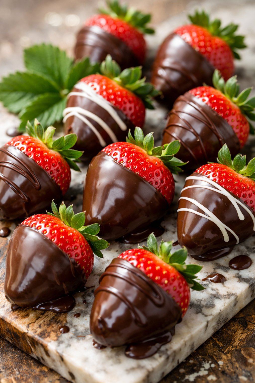 Close-up of chocolate-covered strawberries arranged on a rustic surface with fresh green leaves.