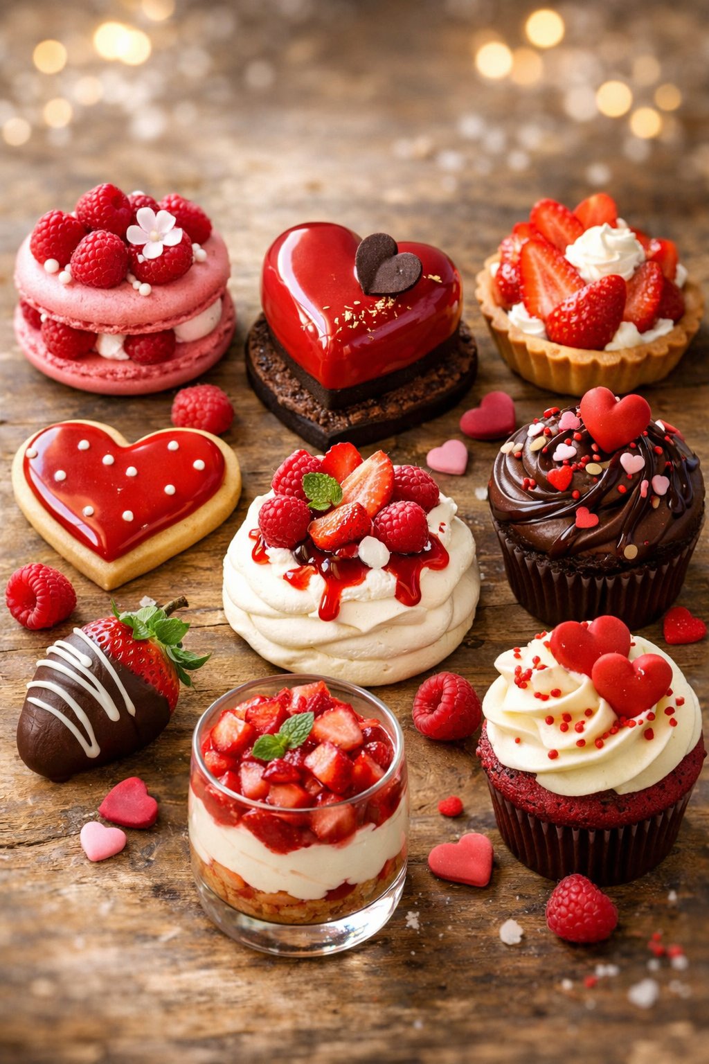 Eight colorful Valentine's Day desserts arranged on a rustic surface, featuring various heart-shaped and berry-topped treats.
