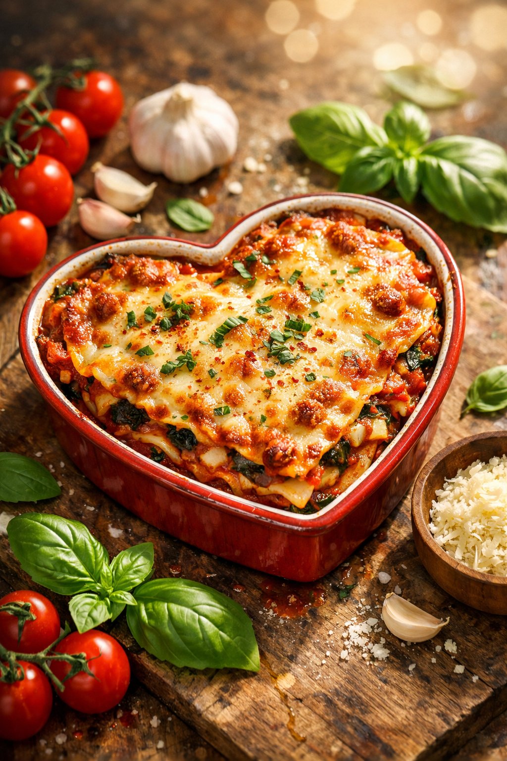 Heart-shaped lasagna on a rustic wooden or marble surface with fresh ingredients around it.