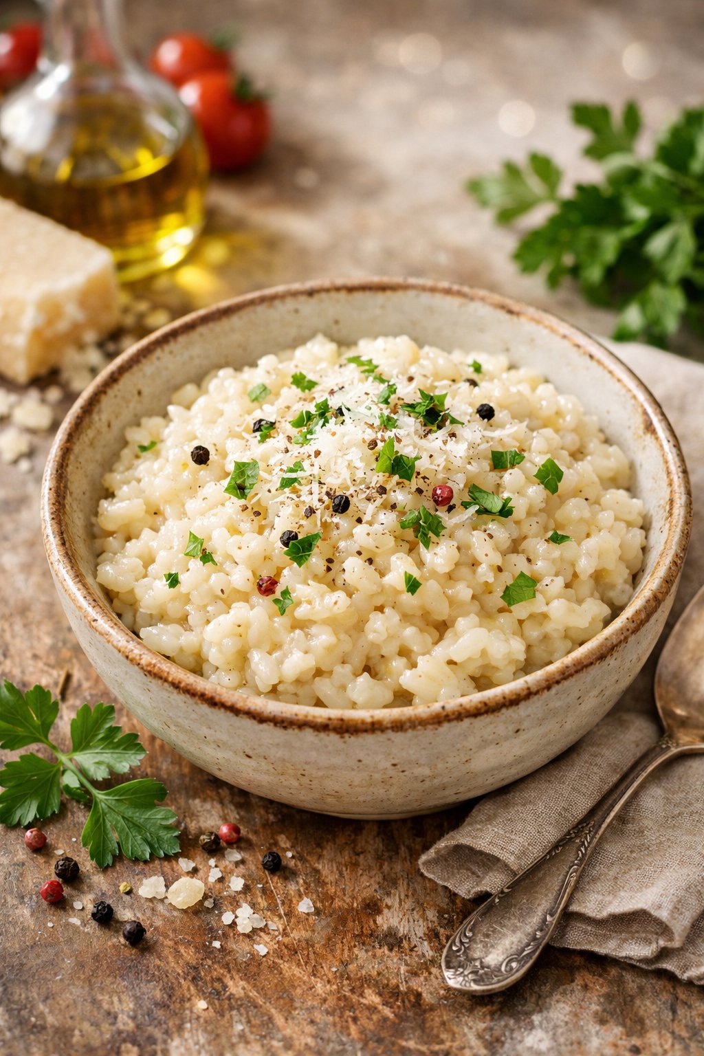 A bowl of creamy Parmesan risotto garnished with fresh herbs on a rustic wooden surface.