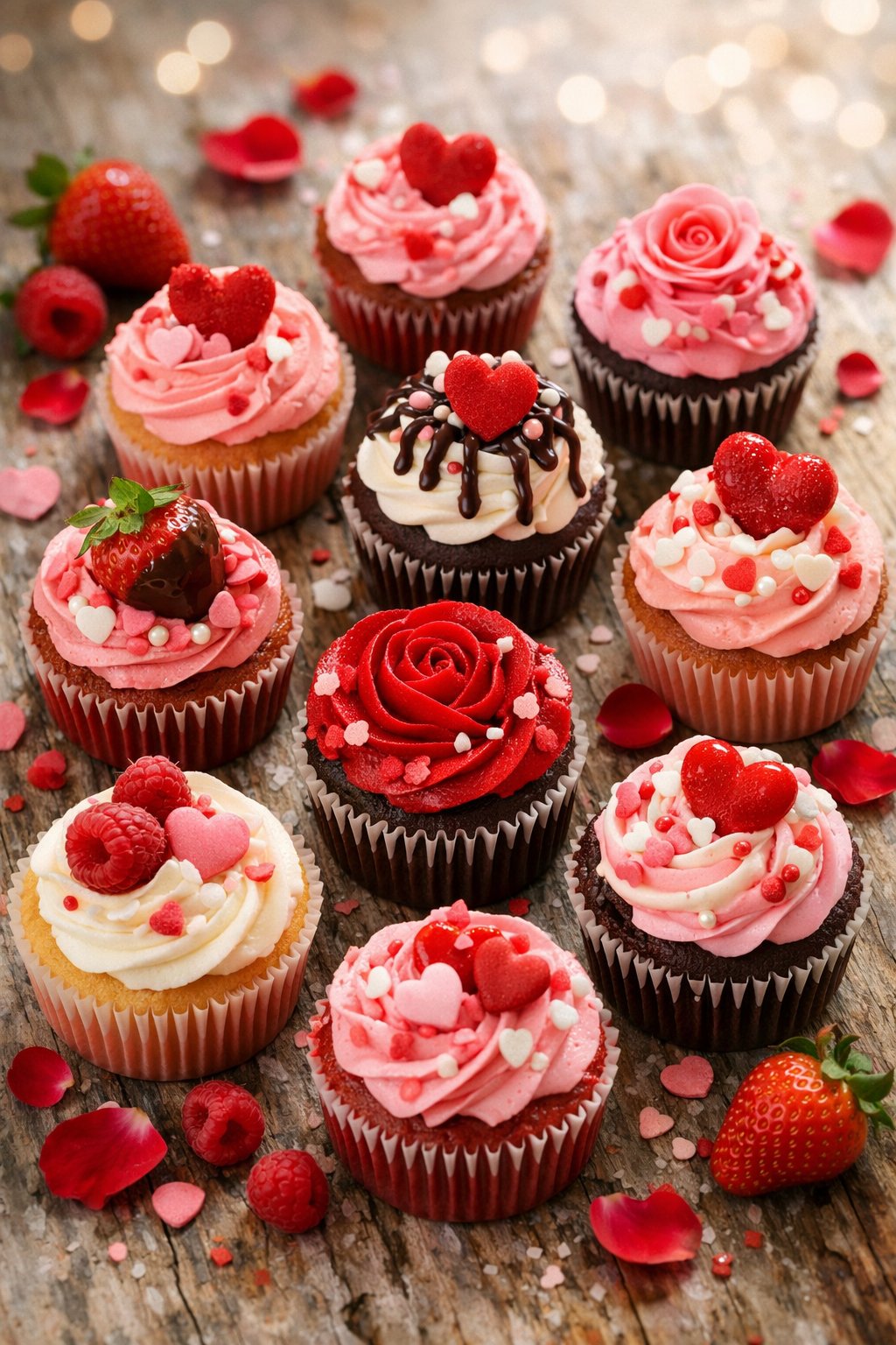 Ten Valentine's Day cupcakes decorated with pink and red frosting and heart-shaped toppings on a rustic wooden or marble surface.