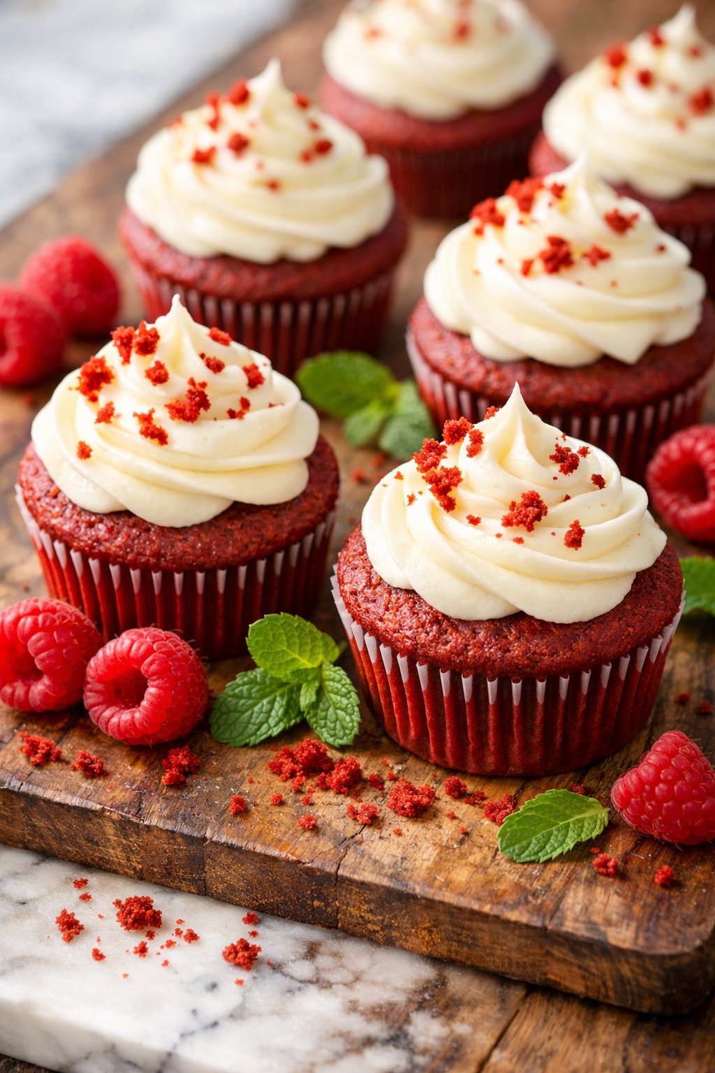 Several red velvet cupcakes with white cream cheese frosting arranged on a wooden surface with fresh raspberries and mint leaves nearby.