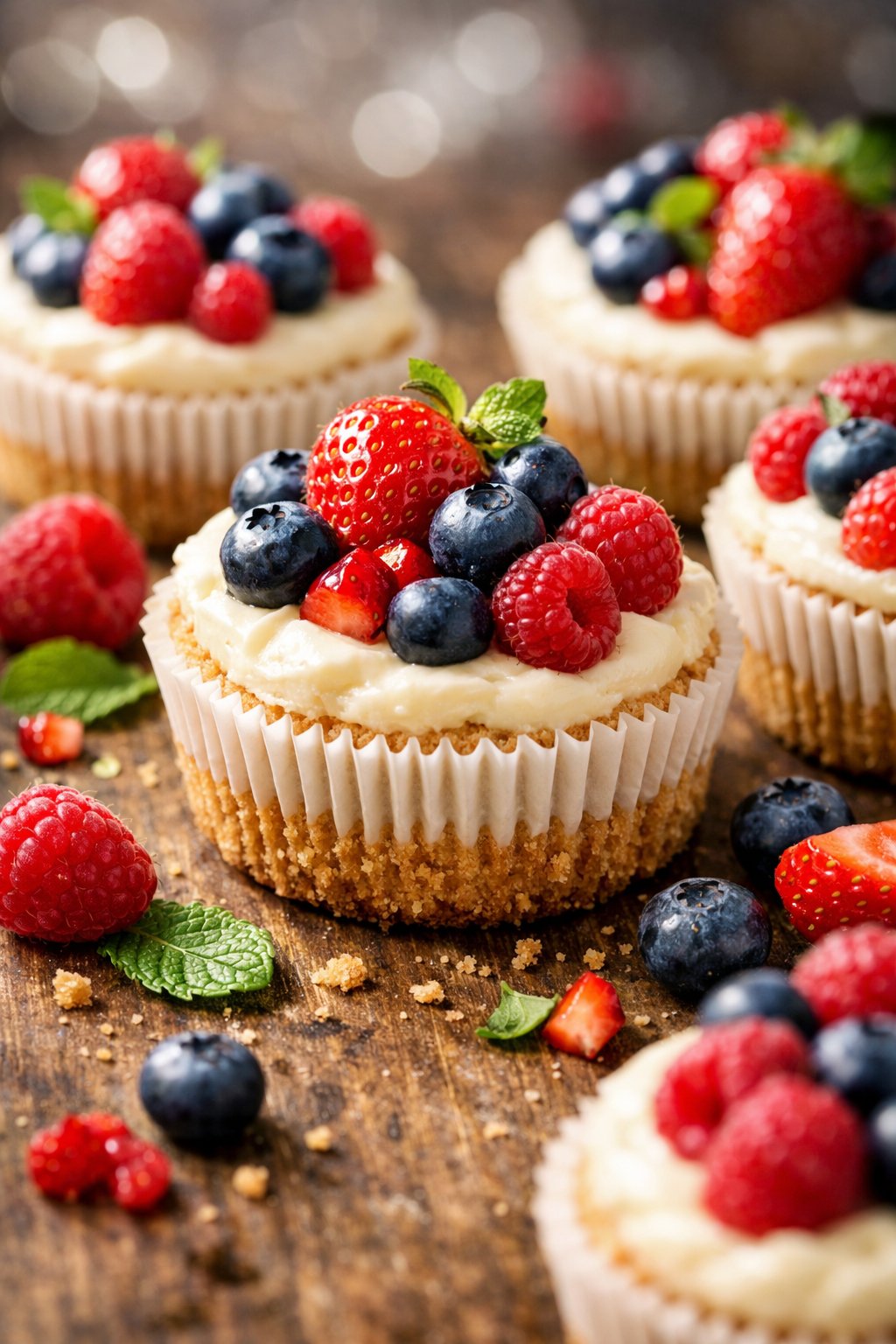 Close-up of cheesecake cupcakes topped with fresh mixed berries on a rustic wood surface.