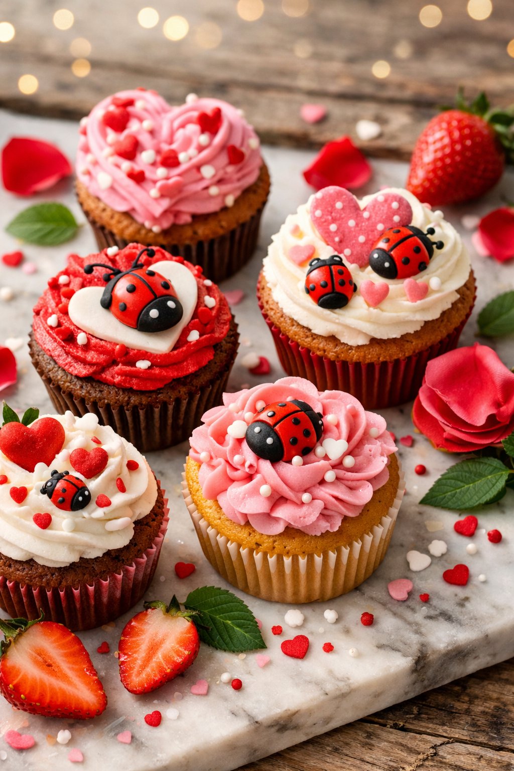 A close-up of colorful cupcakes decorated with heart and ladybug designs, placed on a rustic surface with fresh ingredients around them.