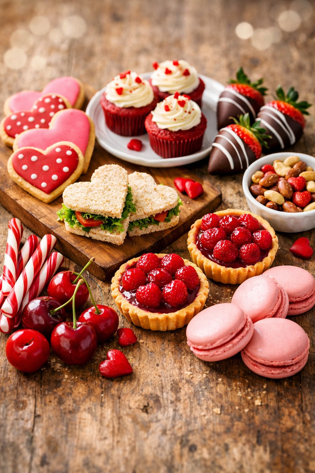 Nine Valentine's Day snacks including heart-shaped cookies, chocolate-covered strawberries, cupcakes, sandwiches, tarts, macarons, candy sticks, cherries, and nuts arranged on a rustic surface.