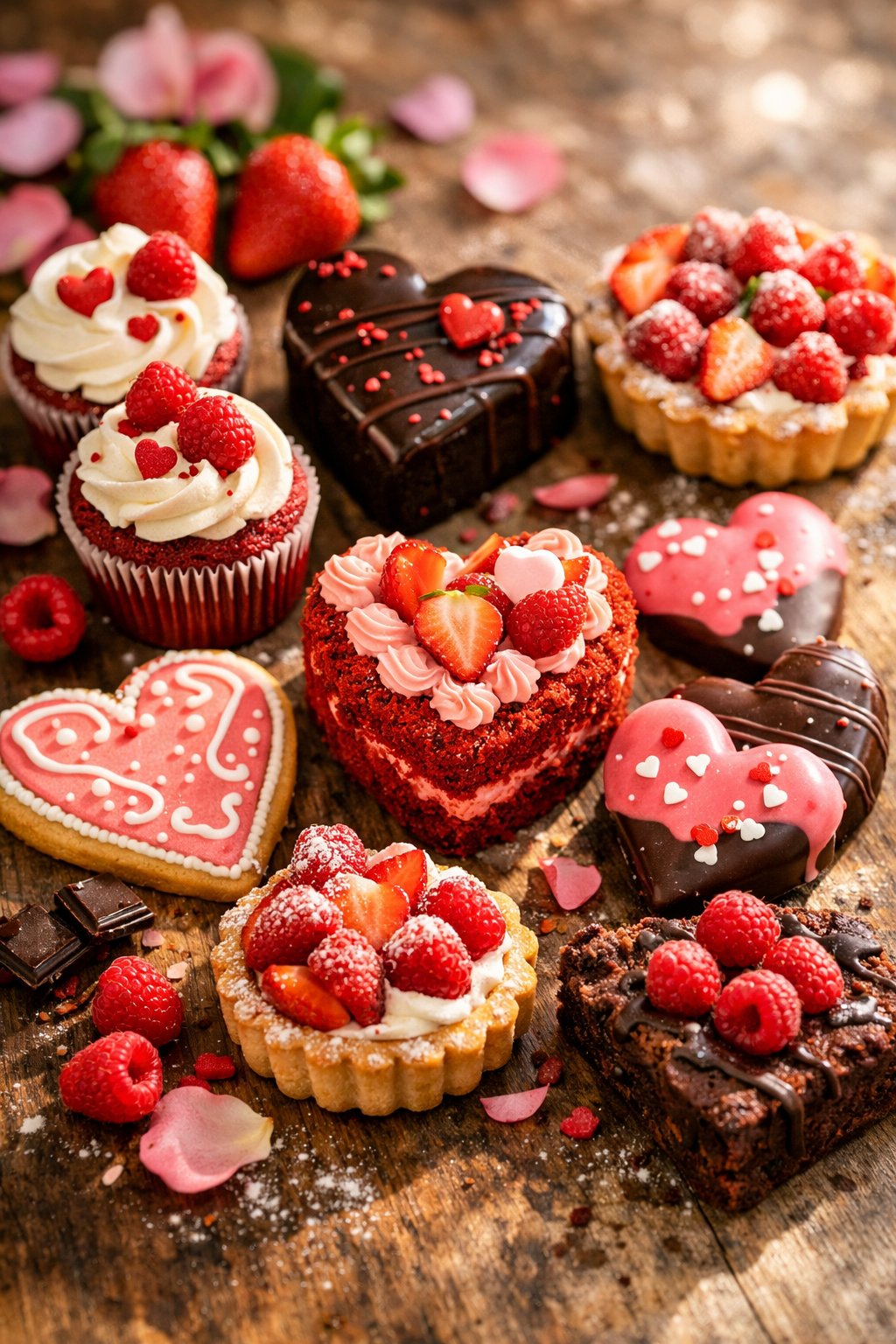 A variety of Valentine's Day baked goods including cupcakes, cookies, and cakes decorated with fresh berries and rose petals on a rustic surface.
