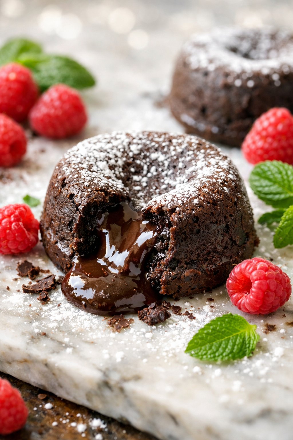 Close-up of chocolate lava cakes on a rustic surface with fresh raspberries and mint leaves around them.
