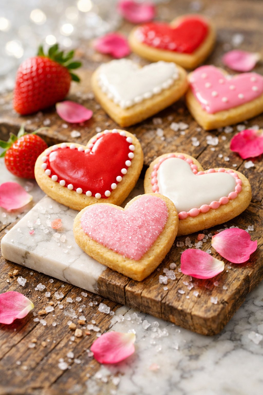 Heart-shaped sugar cookies on a rustic wooden surface with fresh strawberries and rose petals around them.