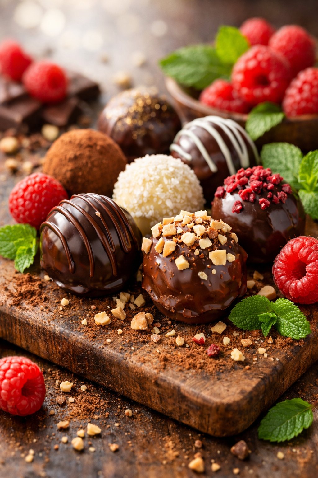 Close-up of assorted chocolate truffles on a rustic surface with fresh raspberries, mint leaves, and nuts.