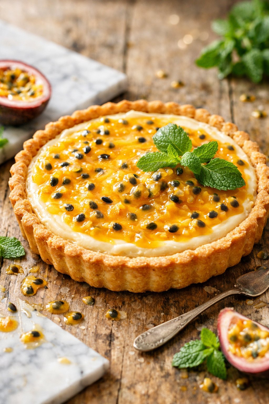 A passion fruit tart on a rustic wooden surface with fresh passion fruit pulp and mint leaves, shot from above with a blurred background.