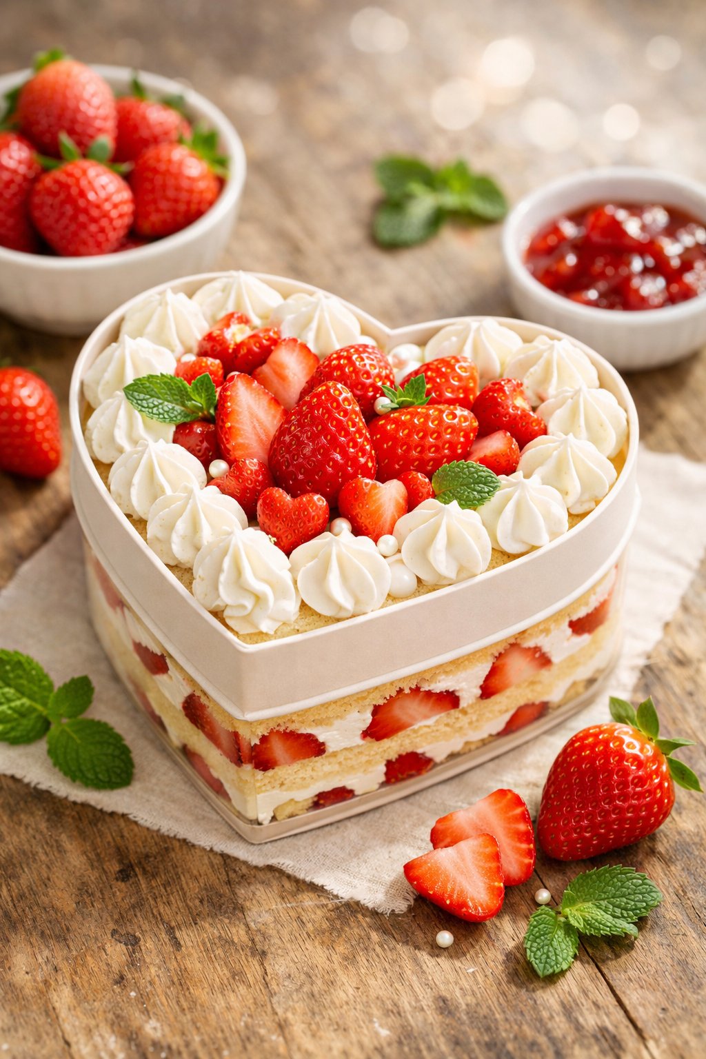 A heart-shaped strawberry shortcake bento box with fresh strawberries and cream on a rustic wooden or marble surface.