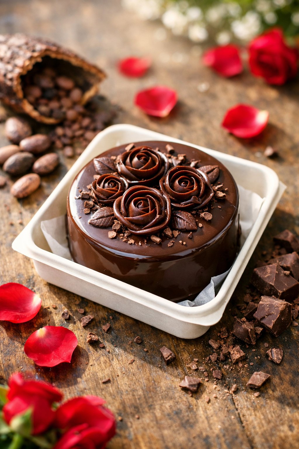 A chocolate ganache rose bento cake on a rustic surface with fresh ingredients around it and a softly blurred background.