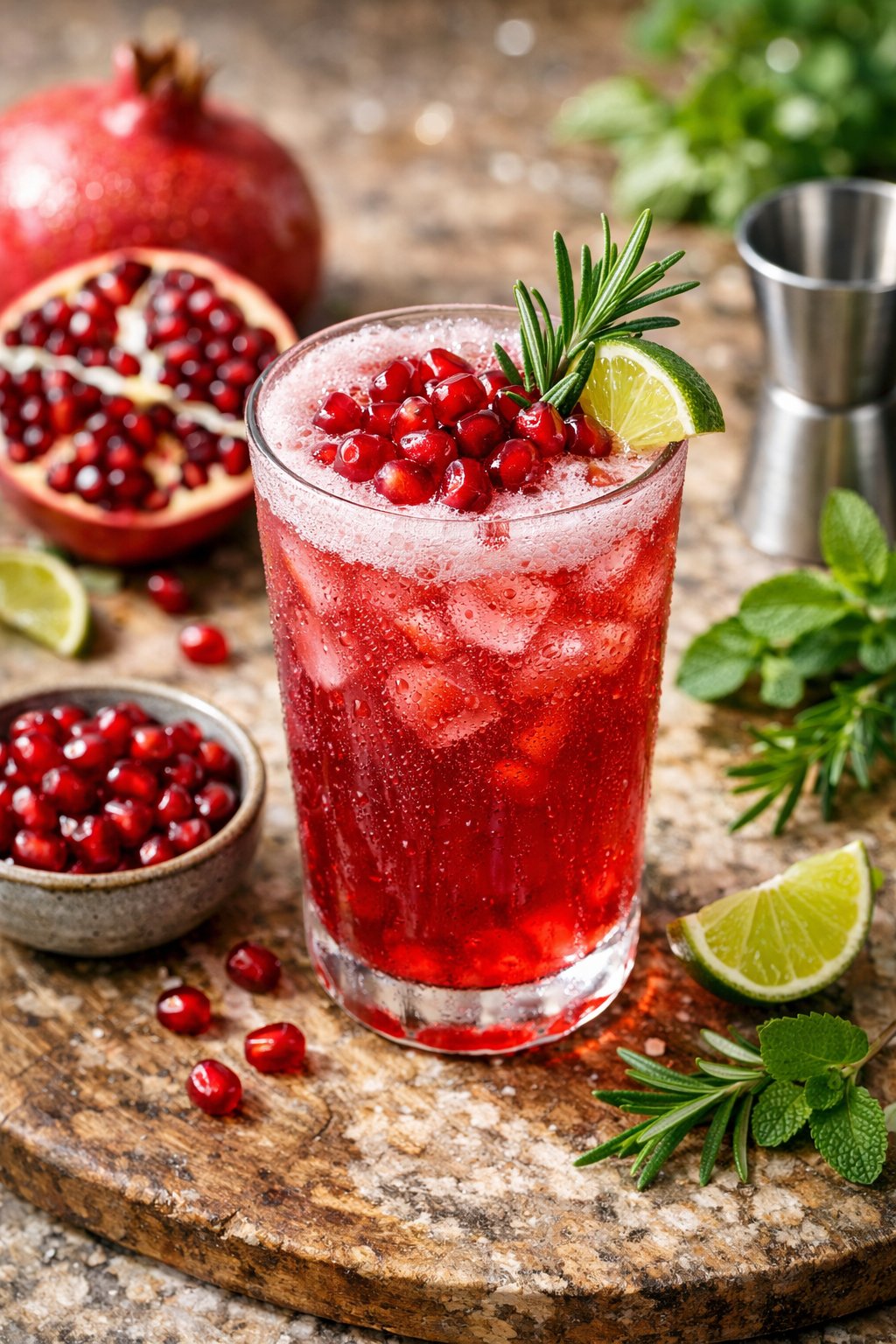 A glass of red pomegranate gin fizz on a rustic surface surrounded by fresh pomegranates and herbs.
