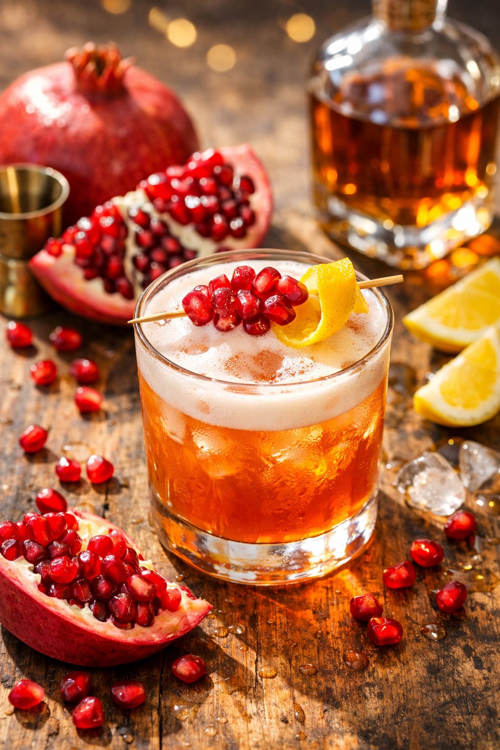 A glass of pomegranate whiskey sour cocktail on a rustic surface surrounded by fresh pomegranate seeds and lemon twist garnish.