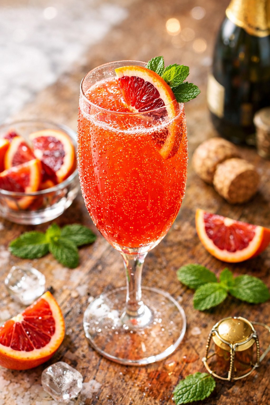 A glass of Blood Orange Mimosa garnished with blood orange slices and mint leaves on a rustic wooden surface with blurred background.