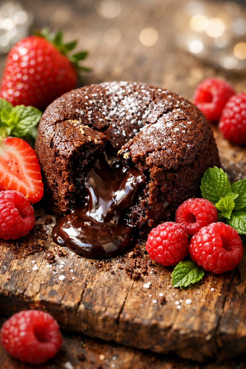 A chocolate lava cake with molten center on a rustic wooden surface, surrounded by fresh strawberries, raspberries, and mint leaves.