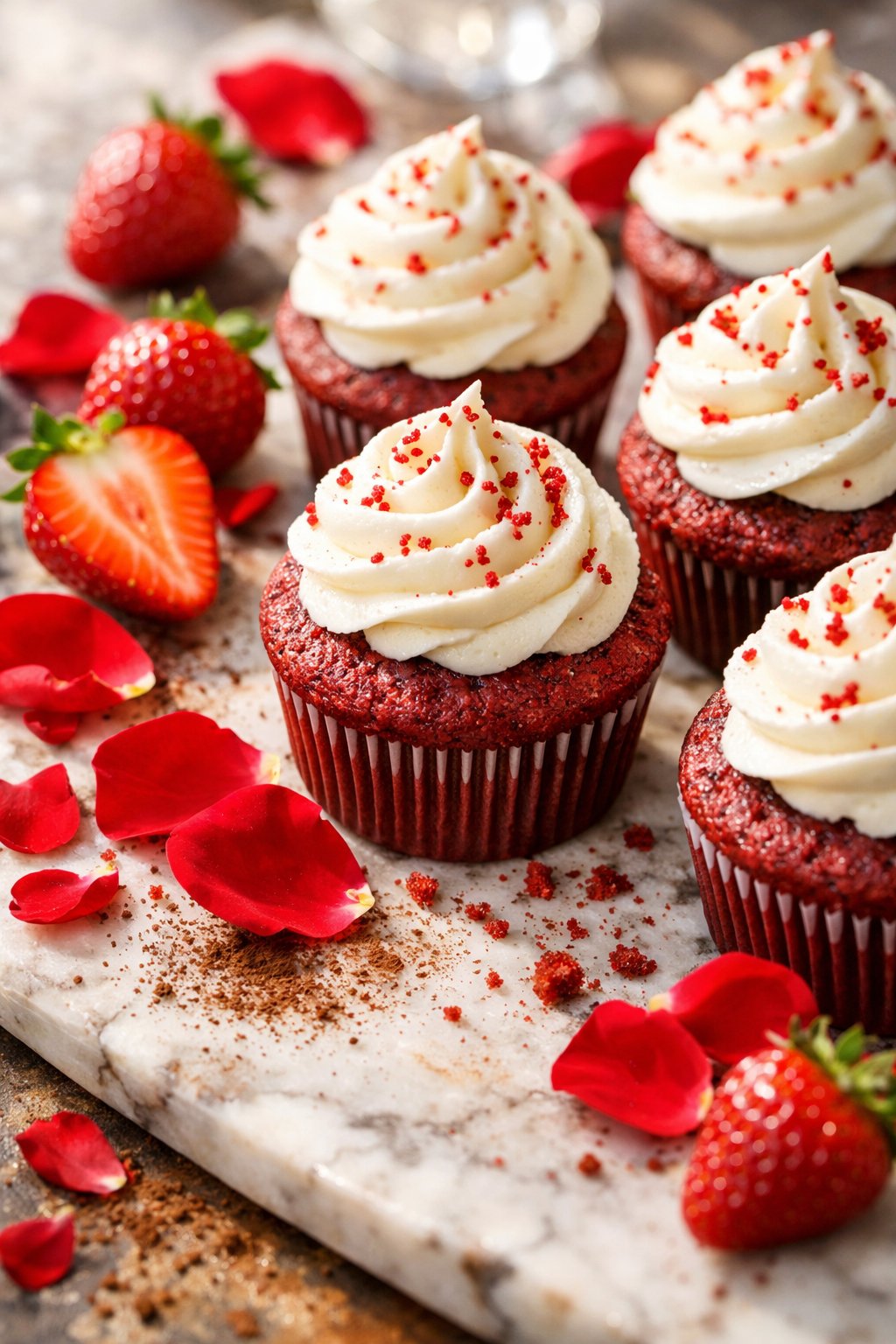 Red velvet cupcakes with white frosting and red sprinkles on a rustic surface, surrounded by strawberries and rose petals.