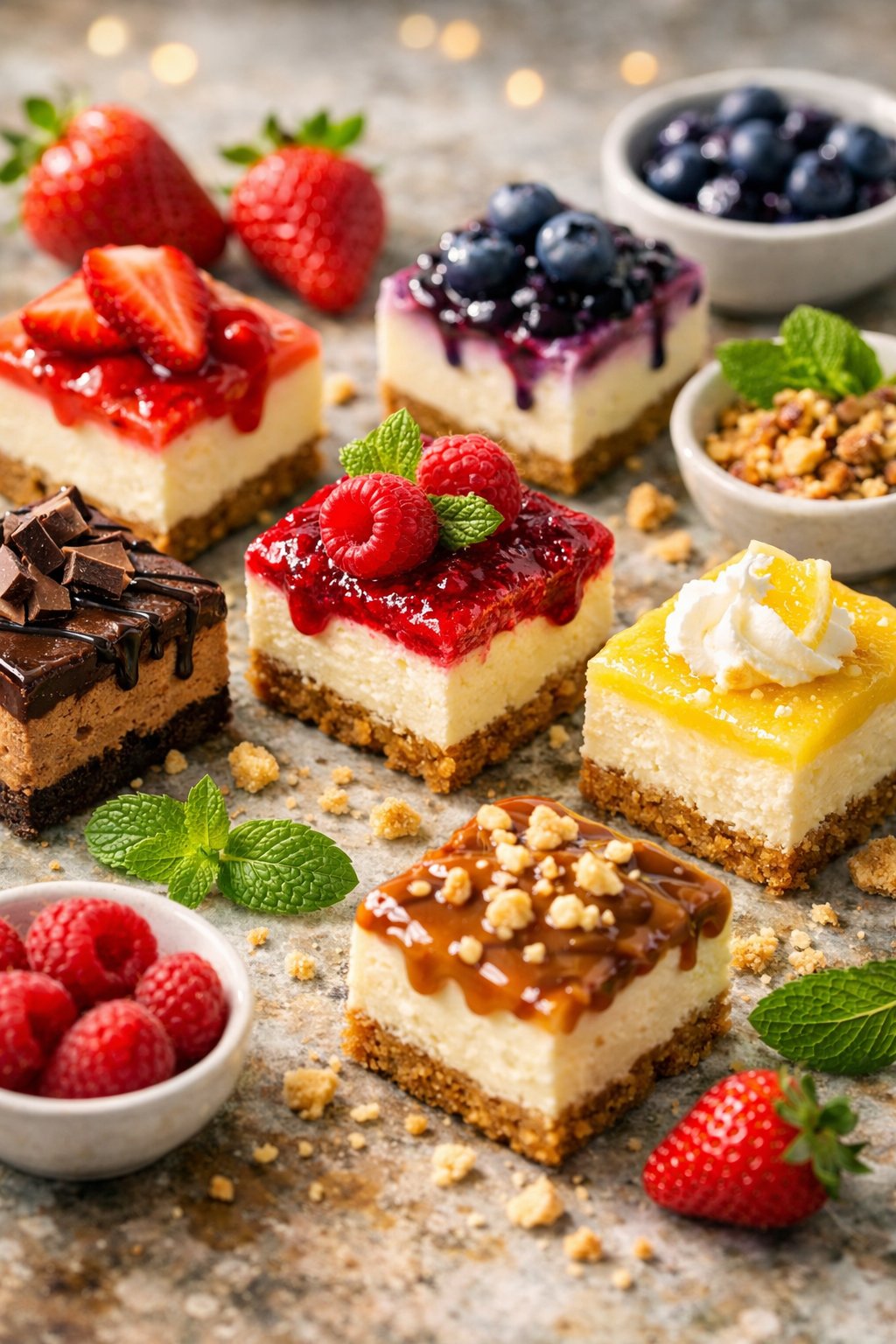 Close-up view of colorful cheesecake bites with fresh berries and mint leaves on a rustic surface.