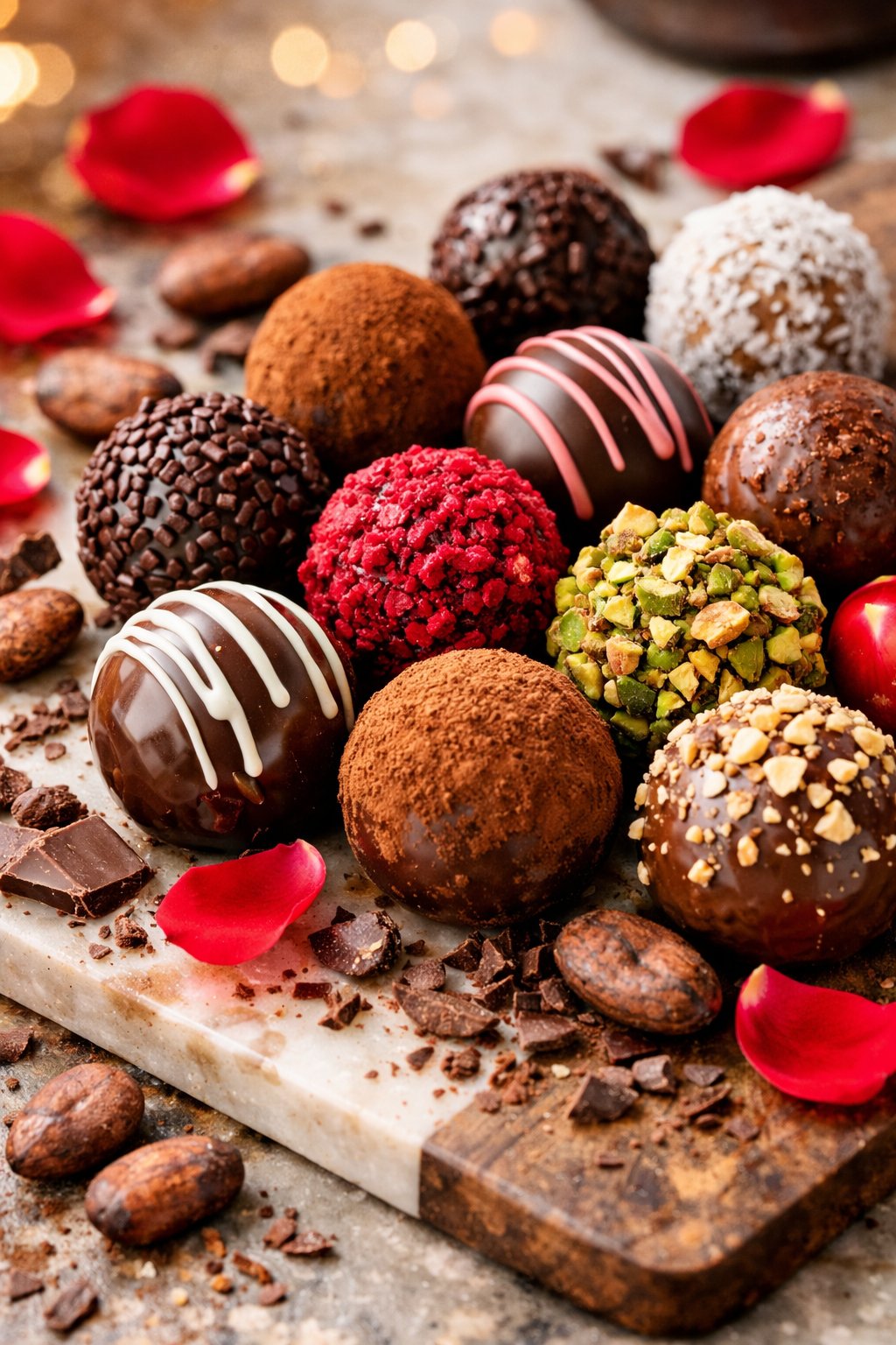 An assortment of chocolate truffles on a rustic surface with cocoa beans and rose petals around them.